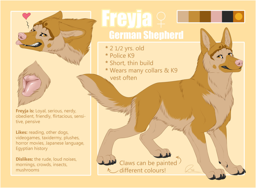 2016 anatomically_correct anatomically_correct_pussy animal_genitalia animal_pussy canine canine_pussy claws disembodied_head disembodied_pussy fangs female feral freyja_(hundedelweiss) fur german_shepherd heart mammal model_sheet one_eye_closed pussy quadruped reference_sheet santanni solo tan_fur teeth text tongue tongue_out