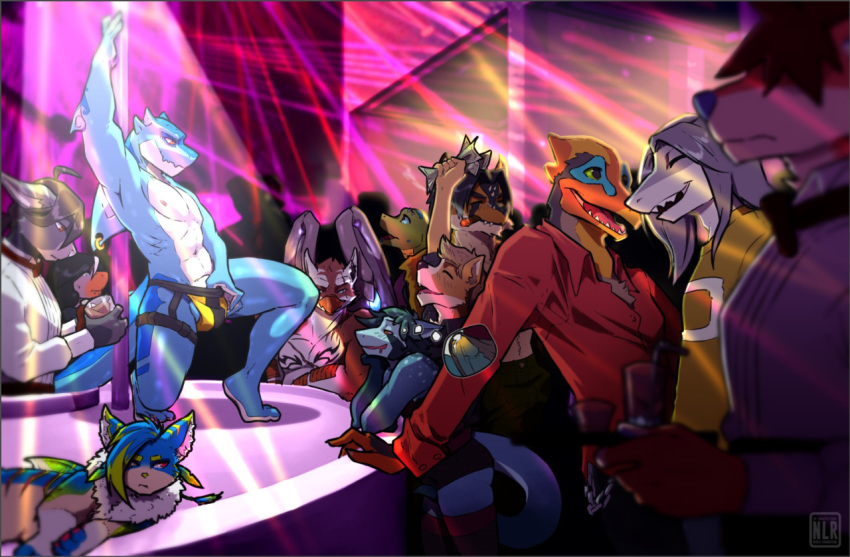 alcohol anthro avian beverage bulge canine clothed clothing dragon female fish fox group lizard male mammal marine nlr_domain open_mouth pole reptile scalie shark smile strip_club stripper stripper_pole teasing underwear wings