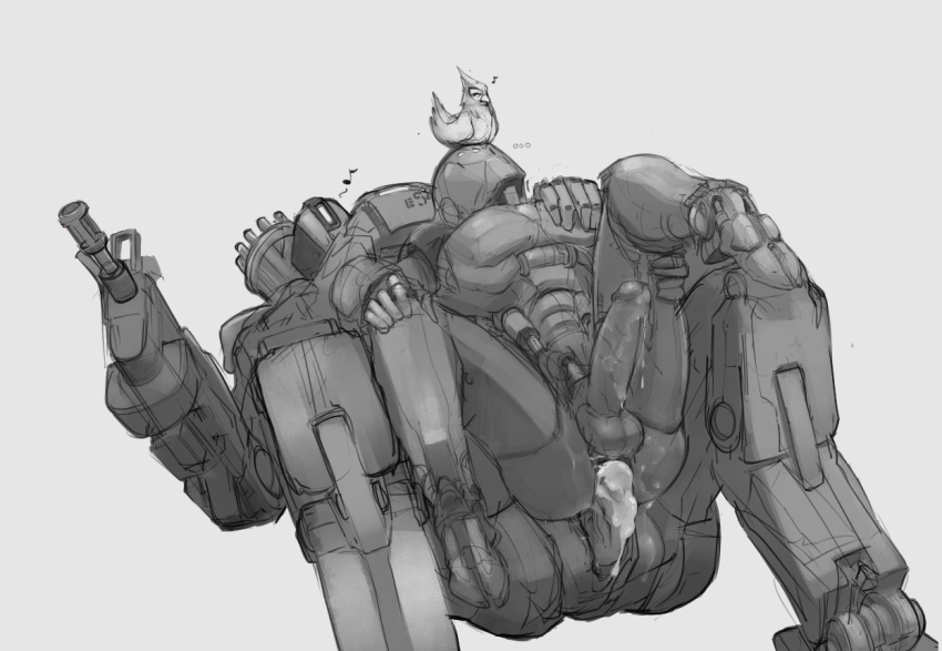 anal anthro bastion_(overwatch) cum cum_inside custapple furry ganymede_(overwatch) humanoid_penis living_machine machine male monochrome omnic overwatch overwatch_2 penis ranged_weapon robot weapon yaoi