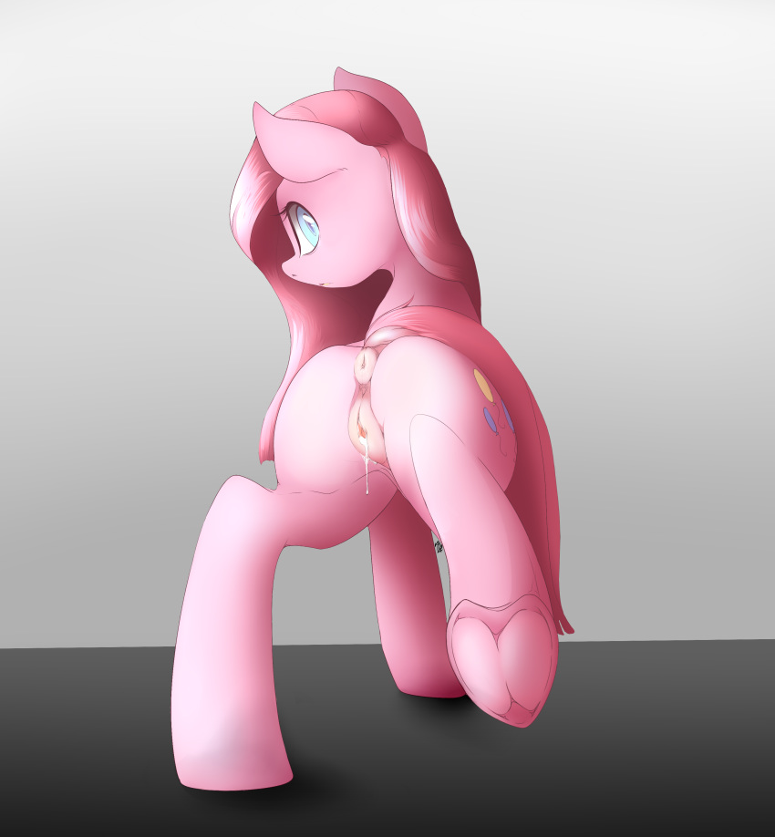 2016 absurd_res angrylittlerodent anus ass cutie_mark earth_pony equine female feral friendship_is_magic hair hi_res hooves horse long_hair looking_at_viewer looking_back mammal my_little_pony pink_hair pinkamena_(mlp) pinkie_pie_(mlp) pony pussy rear_view solo underhoof