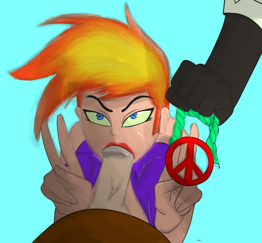 1girls ahegao artist_request blue_eyes canon_genderswap cartoon_network double_v fellatio female genderswap gesture jenny_test johnny_test johnny_test_(series) lipstick male oral peace_sign peace_symbol penis rule_63 straight two-tone_hair v