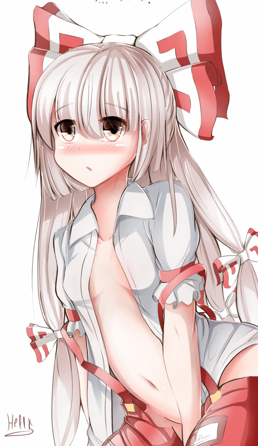 blush bow breasts brown_eyes collarbone covering covering_crotch female fujiwara_no_mokou hairbow hell.k highres hime_cut long_hair nose_blush open_clothes open_shirt pants puffy_short_sleeves puffy_sleeves shirt short_sleeves small_breasts suspenders touhou very_long_hair white_hair white_shirt