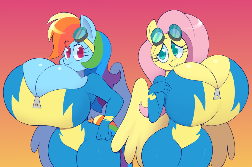 2019 anthro anthrofied big_breasts bodysuit breasts bursting_breasts cleavage clothed clothing equid equine eyewear female fluttershy_(mlp) friendship_is_magic goggles hair hi_res huge_breasts looking_at_viewer mammal multicolored_hair my_little_pony norithecat pegasus pterippus purple_eyes rainbow_dash_(mlp) rainbow_hair smile solo text thick_thighs tight_clothing unzipped wings zipper