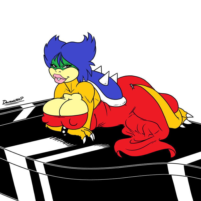 absurd_res anthro balls big_breasts breasts bulge clothed clothing dickgirl doomington dress hi_res intersex koopa koopaling looking_at_viewer ludwig_von_koopa male mario_(series) musical_instrument nintendo piano robinebra scalie signature simple_background solo video_games white_background