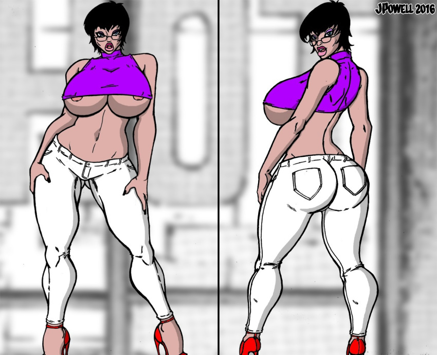 1girls back_view big_ass big_breasts black_hair blue_eyes breasts clothed commission dat_ass donna_natrix female front_view glasses high_heels huge_breasts jeans lipstick looking_at_viewer makeup nipples presenting presenting_hindquarters randomredux solo thick_thighs tight_pants tight_shirt time_tramp white_pants