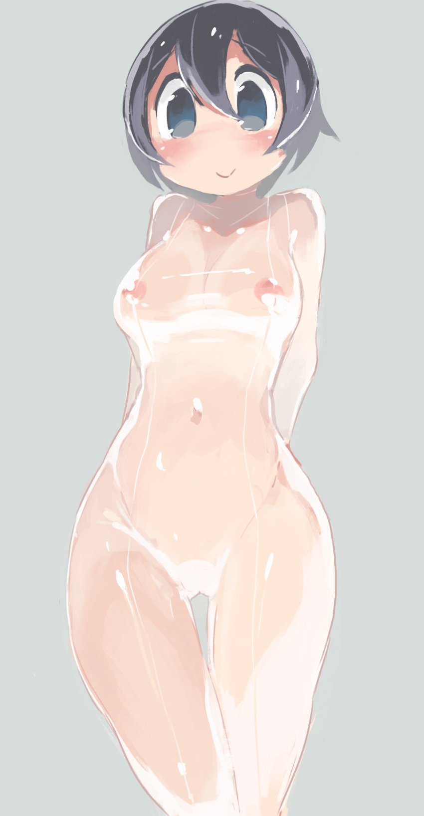 arms_behind_back blush bodysuit breasts female female latex_suit nipples original sakamoto_ahiru see-through shiny short_hair smile solo thigh_gap