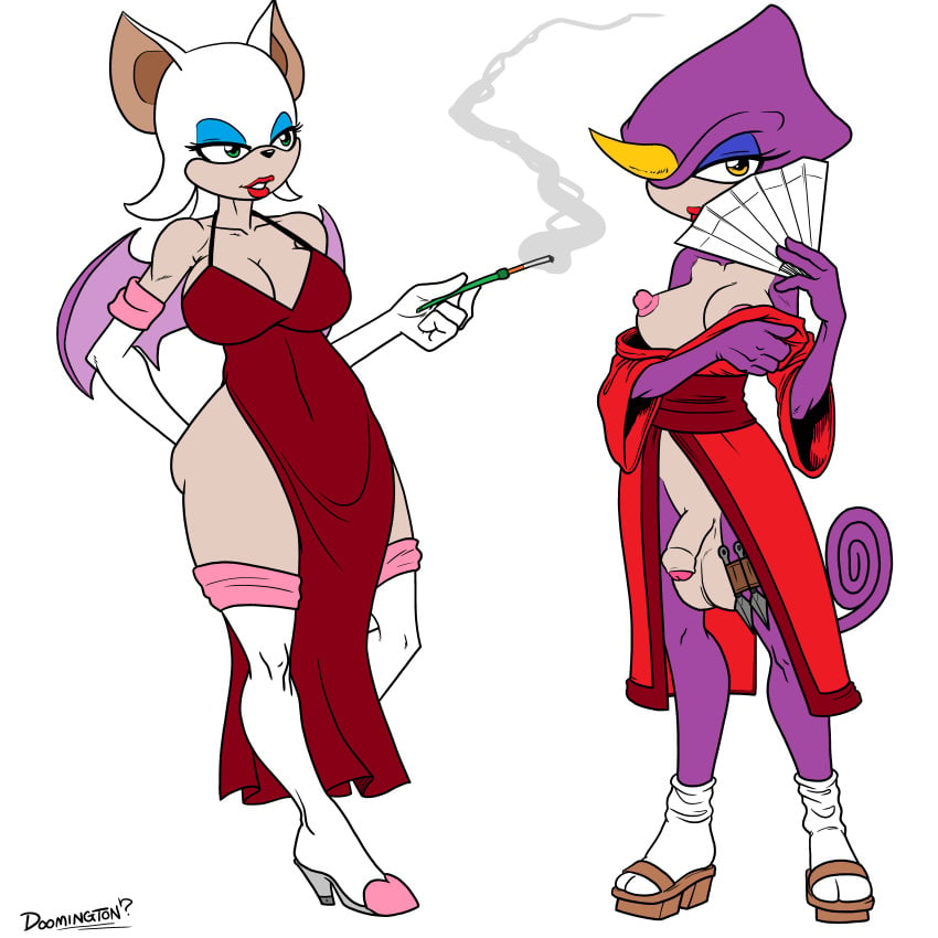 absurd_res anthro bat big_breasts breasts chameleon cigarette cigarette_holder clothing dickgirl doomington duo espio_the_chameleon footwear foreskin futanari hand_fan hi_res humanoid_penis intersex japanese_clothing kimono kunai lizard mammal partially_retracted_foreskin penis reptile robinebra rouge_the_bat sandals scalie smoke smoking sonic_(series) uncut weapon wide_hips