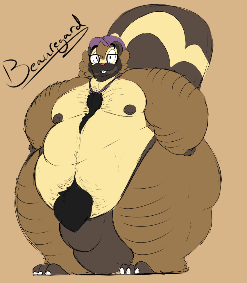 1boy anthro beauregard_(rakashama) belly bibarel big_belly big_bulge body_hair bulge clothing eyewear facial_hair furry glasses hairy hat hi_res male male_only mammal morbidly_obese moustache nintendo nipples obese original_character overweight overweight_male pokémon_(species) pokemon pokemon_dppt pokemorph pubic_hair rakashama rodent solo text thick_thighs thong video_games wide_hips