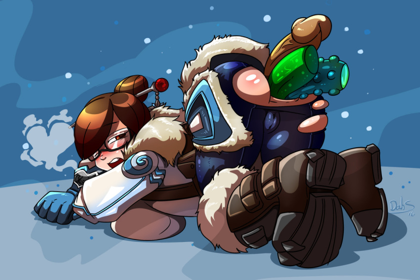 all_fours anal anal_insertion ass blush boots breasts breath brown_eyes brown_hair cameltoe dahs dildo female fur_trim glasses gloves hair_bun hair_stick looking_back mei_(overwatch) open_mouth overwatch parka solo torn_clothes torn_pants wince