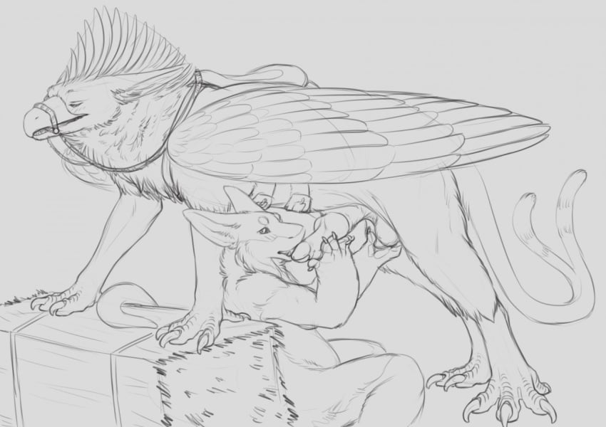 2016 all_fours anthro anthro_on_feral avian ball ball_fondling balls beak black_and_white blush canine claws dragon drawolf duo erection feathered_wings feathers fellatio female female_on_feral feral fondling fur garron_crendrel grey_background gryphon half-closed_eyes harness hay hay_bale hybrid knot licking looking_back looking_pleasured male mammal monochrome nude open_mouth oral pawpads penis_lick ridged_penis sex side_view simple_background sitting sketch slightly_chubby straight straps talons tongue tongue_out wings wolf yaroul yaroul_(character) zoophilia