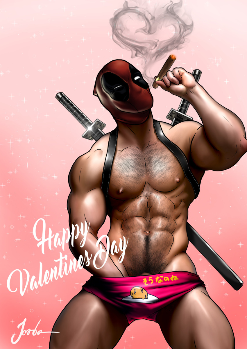 1boy bara body_hair chest_hair cigar comic deadpool gay hairy hand_in_pants implied_masturbation jorden_arts looking_at_viewer male male_only marvel muscle partial_nudity penis_peek pose shorts smoking valentines_day wade_wilson