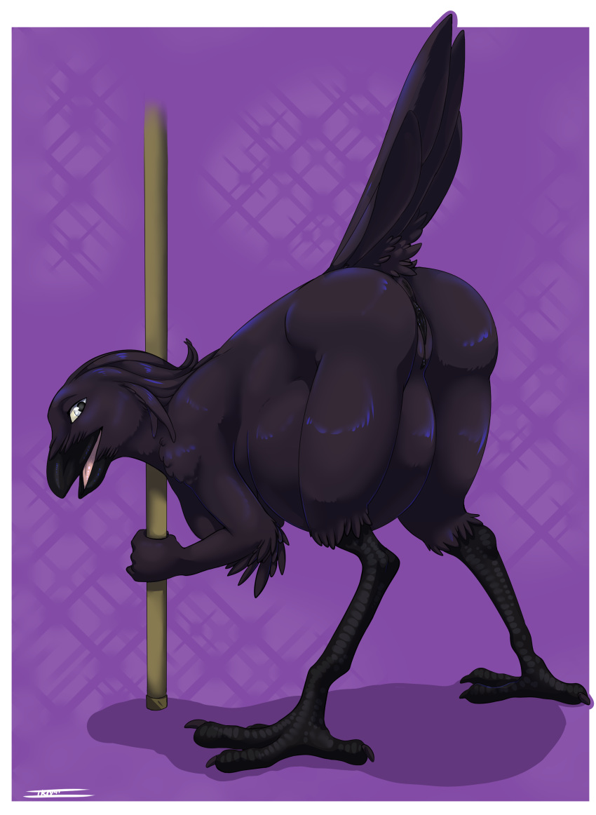 2014 absurd_res anthro anus ass ass_up avian barefoot beak belly bent_over big_belly bird black_feathers black_pussy border claws corvid feathers female grasp happy hi_res iko looking_at_viewer looking_back lucidum nude open_mouth pole pregnant purple_background pussy raven_(bird) simple_background slightly_chubby smile solo tail_feathers toe_claws white_border