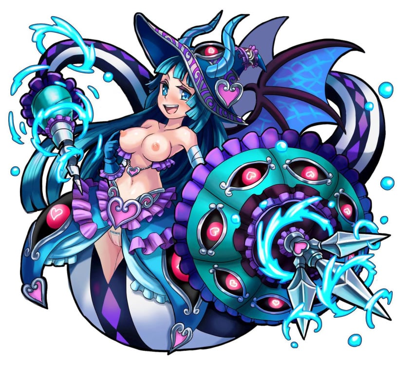 1girls areolae blue_hair breasts covered_pussy female_only horns monster_girl monster_strike nipples pussy smile thick_thighs wide_hips