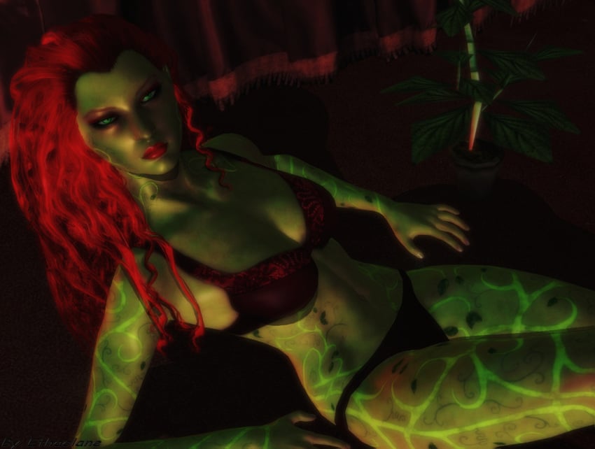 1girls 2016 3d artist_name bare_legs bare_shoulders batman:_arkham_city batman_(series) bra breasts dc dc_comics ethaclane eyebrows eyelashes eyes eyeshadow female female_only green-skinned_female green_eyes green_skin hips legs long_hair looking_at_viewer makeup medium_breasts nose pamela_isley panties plant poison_ivy poison_ivy_(arkham) poison_ivy_(arkham_city) red_bra red_hair red_panties sitting solo source_filmmaker stomach tattoo