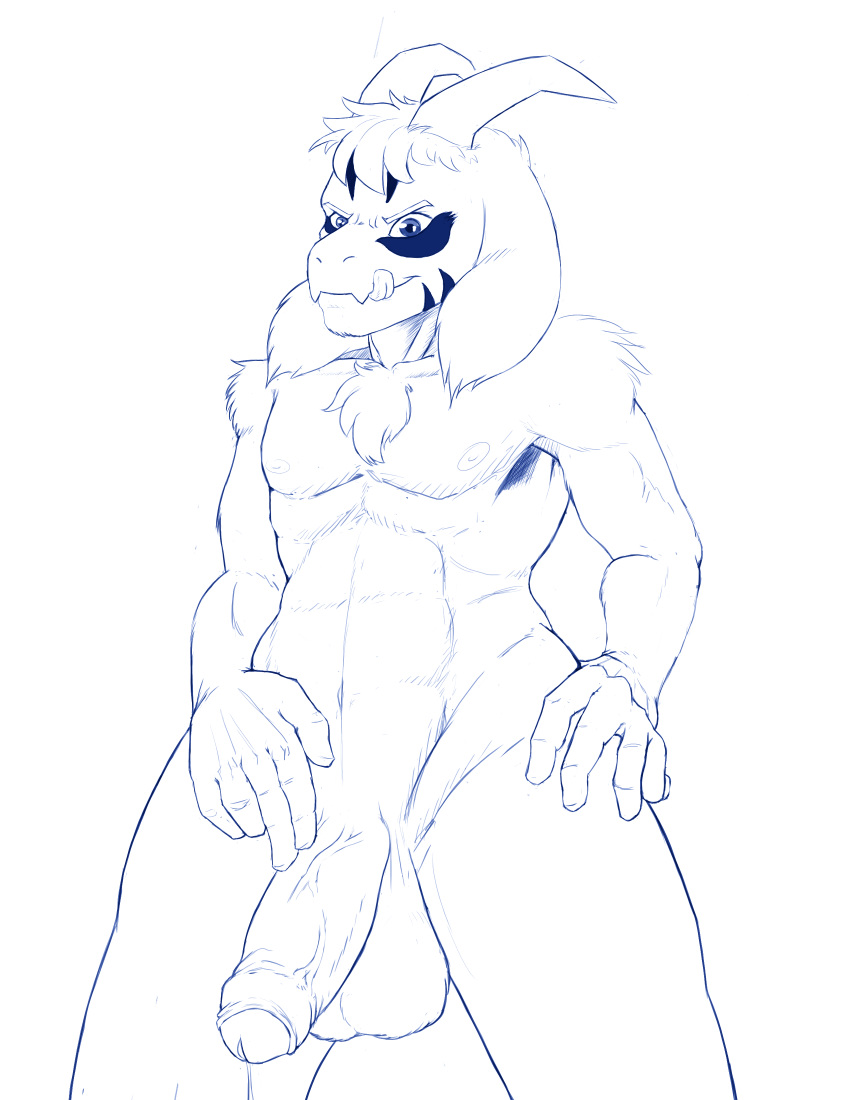 1boy anthro asriel_dreemurr balls blue_eyes erection humanoid_penis male male_only mammal narija penis sketch solo tattoo testicles uncensored undertale video_games