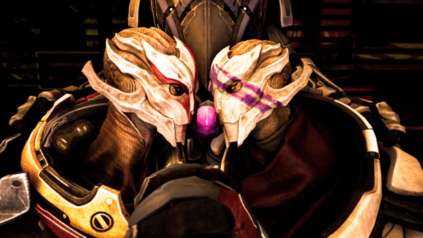 16:9 2019 3_fingers 3d alien alive_(artist) armor clothing duo_focus erection facial_markings female group group_sex hand_holding hi_res humanoid male markings mass_effect mass_effect_3 mass_effect_andromeda nyreen_kandros penis precum sex standing straight threesome turian vetra_nyx video_games