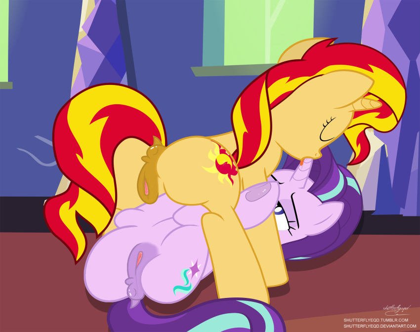 2016 anus ass crystal cutie_mark duo equine female feral friendship_is_magic horn hornjob indoors mammal multicolored_hair my_little_pony pussy shutterflyeqd starlight_glimmer sunset_shimmer two_tone_hair unicorn window