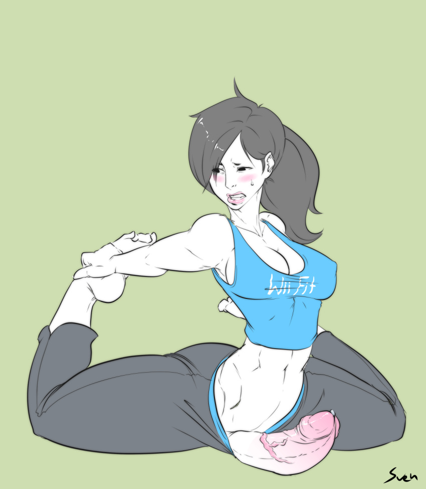 1futa barefoot black_eyes black_hair blush breasts capri_pants casual casual_erection casual_exposure cleavage clenched_teeth clothing feet futa_only futanari human intersex looking_back nintendo pale_skin penis ponytail precum solo sportswear stretching svenners sweat tank_top tied_hair toned veiny veiny_penis white_skin wii_fit wii_fit_trainer yoga_pants