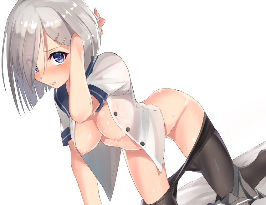 arm_up black_legwear blouse blue_eyes blush breasts closed_mouth eyebrows eyebrows_visible_through_hair eyes_visible_through_hair female hair_ornament hair_over_one_eye hairclip hamakaze_(kantai_collection) hand_in_hair hanging_breasts highres kantai_collection looking_at_viewer medium_breasts nipples no_bra open_clothes pantyhose pantyhose_pull school_uniform shirousa shirt_lift short_hair silver_hair simple_background skirt skirt_around_one_leg skirt_pull solo sweat tears underwear white_background white_blouse