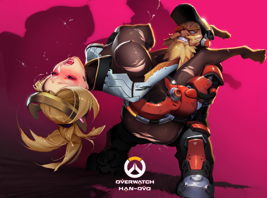 1boy absurdres blizzard_entertainment blonde_hair blush bodysuit boots bouncing_breasts breasts clenched_teeth closed_eyes covered_nipples female grin han-0v0 highres large_breasts mechanical_halo mercy overwatch ponytail pussy_juice sex smile standing straight sweat teeth tied_hair torbjörn torn_bodysuit torn_clothes welding_mask