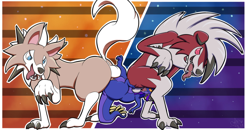 1girls 2boys canine cum cum_in_mouth cum_in_pussy cum_inside fellatio female frilled_petal_dragon furry group group_sex hand_on_head interspecies knot knotting lazy_amp lycanroc male mammal midday_lycanroc midnight_lycanroc nintendo nymlus oral original_character penis pokemon pokemon_sm pussy saliva sex spitroast stomach_bulge threesome tongue vaginal_penetration video_games