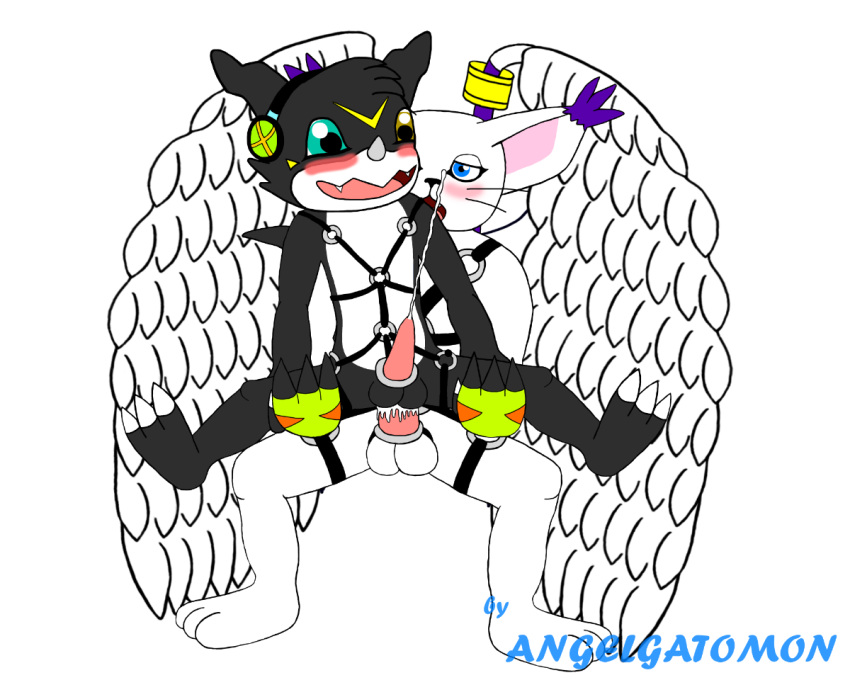 anal anal_sex angel_wings angelgatomon_(angelgato) angelgatomon_(artist) balls blush cock_ring cum cum_while_penetrated cumshot digimon erection gatomon harness leather looking_pleasured male male_only penetration penis sex tail veemon wings yaoi