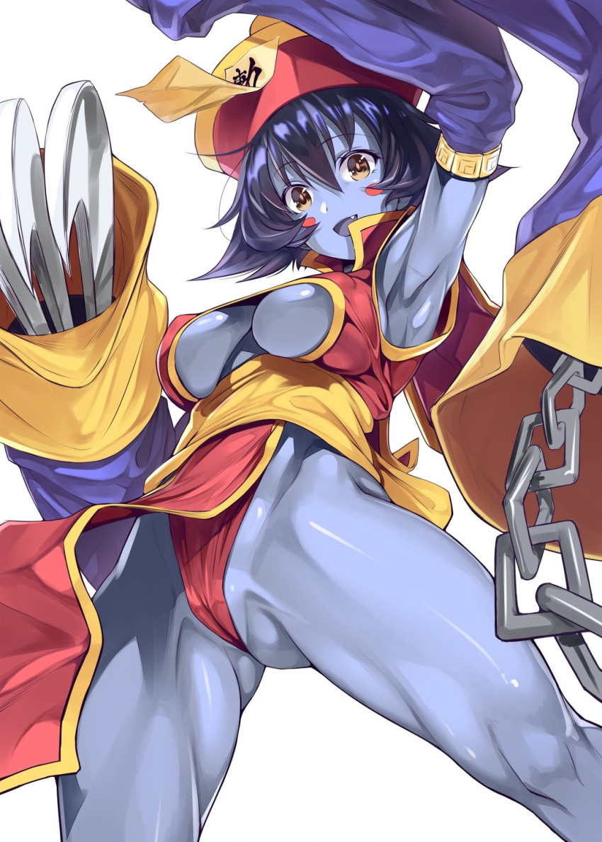 1girls blue_hair blue_skin cameltoe china_dress clothing darkstalkers female female_only hat hsien_ko jiangshi lei-lei lei_lei orochi_itto small_breasts smile solo tagme underboob zombie