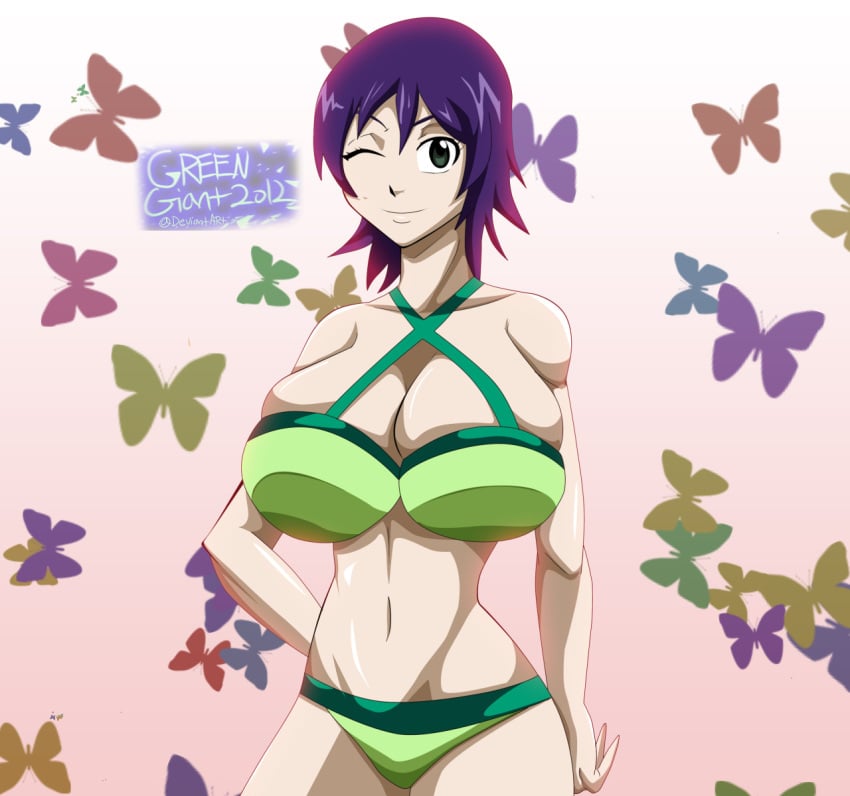 1girls arms_behind_back bare_shoulders bikini breasts eyebrows eyelashes fairy_tail female female_only fingers gigantic_breasts green_eyes greengiant2012 hips kinana_(fairy_tail) large_breasts looking_at_viewer one_eye_closed purple_hair shiny shiny_skin short_hair simple_background smile solo standing stomach wink