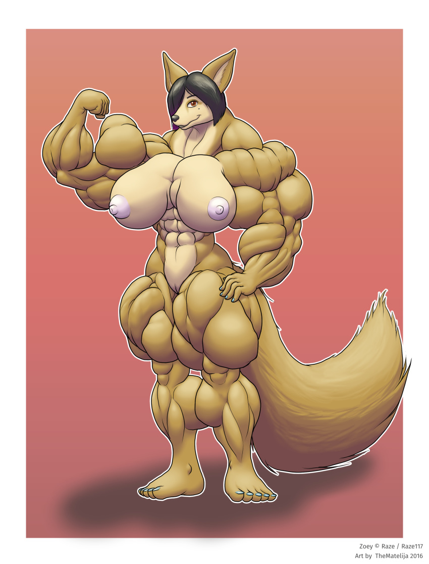 2016 abs anthro biceps big_breasts black_hair breasts canine extreme_muscles female fennec fox hair hyper invalid_tag mammal muscular muscular_female navel nipples nude pose pussy smile thematelija