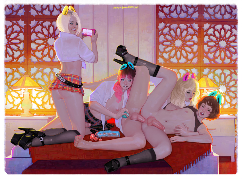 4boys anal anal_object_insertion androgynous animal_ears artist_name ass barefoot biting_lip black_legwear blonde_hair bottomless brown_hair cellphone cellphone_camera closed_eyes crossdressing cum dated dildo fake_animal_ears femboy girly grin high_heels indoors kneehighs lamp lips long_hair male male_only mole_above_mouth multiple_boys nail_polish navel no_panties object_insertion open_clothes open_shirt original parted_lips penis phone pink_hair sex shirt short_hair smile tied_shirt toes train_position ulrik yaoi