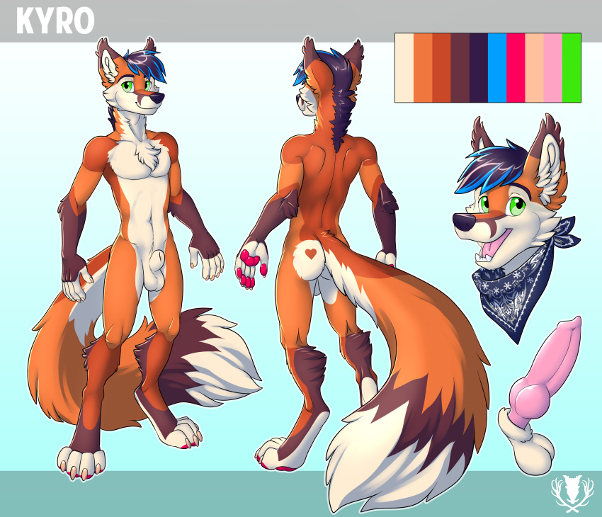 1boy 2016 4_toes 5_fingers animal animal_genitalia animal_penis anthro ass bandana blue_hair canine canine_penis claws color_swatch digitigrade erection fangs floof fox front_view fur furaffinity furry genitals girly headshot heart highres knot kyro male male_only mammal model_sheet multicolored_fur multiple_poses muzzle navel nude open_mouth original_character palette paws penis phoenix2014 pink_paws pink_penis pink_tongue pose purple_hair rear_view sex sheath slim solo standing teeth testicles text toes tongue twink vallhund watermark yaoi