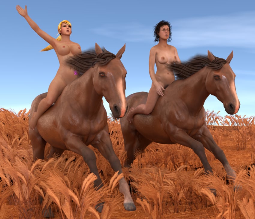 2girls 3d alien_(franchise) alien_(movie) black_hair blonde_hair breasts completely_naked completely_nude completely_nude_female crossover eastern_and_western_character ellen_ripley female female_only field horse jc-starstorm metroid naked naked_female nude nude_female outdoors outside pussy samus_aran tattoo yuri