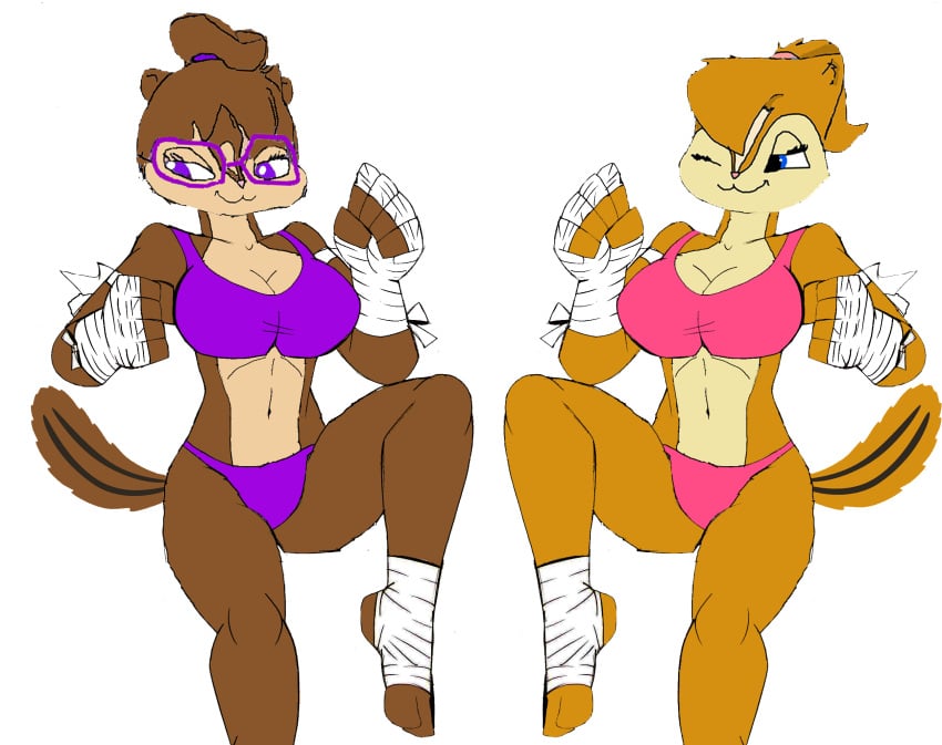 2girls akatsukishiranui-fox alluring alvin_and_the_chipmunks anthro athletic_female big_breasts bikini blue_eyes brittany_and_the_chipettes brittany_miller cleavage edit eyewear female fit_female fur hi_res jeanette_miller panties pin_up purple_eyes silf silfs sisters smile solo sports_bra tail wink