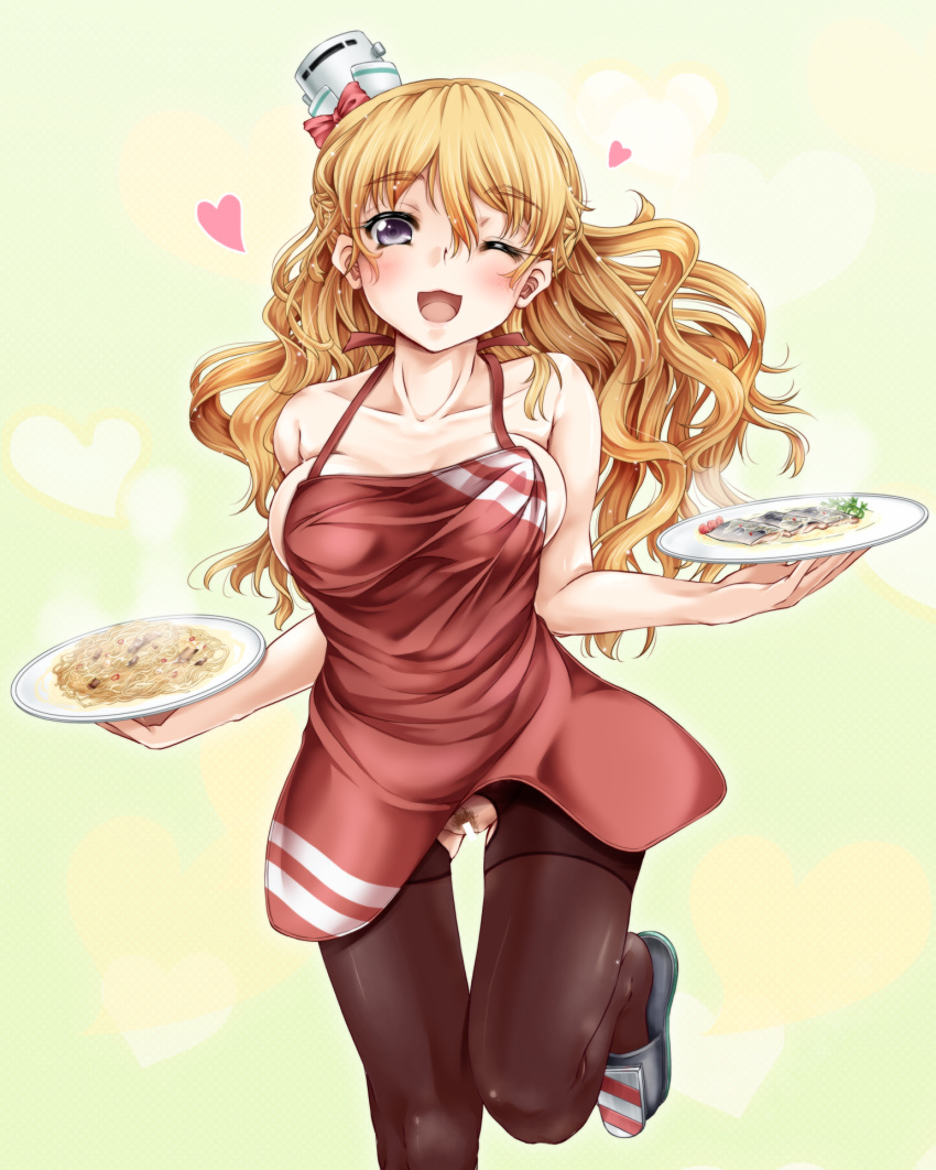 1girls apron ass_visible_through_thighs bar_censor blonde_hair blonde_pubic_hair blue_eyes bottomless_skirt bouncing_breasts breasts brown_hair censored chibi cleavage collarbone crotchless curvy eyebrows eyebrows_visible_through_hair female female_only fish fishing food hair_between_eyes hat heart highres kantai_collection large_breasts long_hair no_panties one_eye_closed open_mouth pantyhose pasta red_apron rod running signature simple_background skirt skirt_lift solo tied_hair tsukineko twintails zara_(kantai_collection)