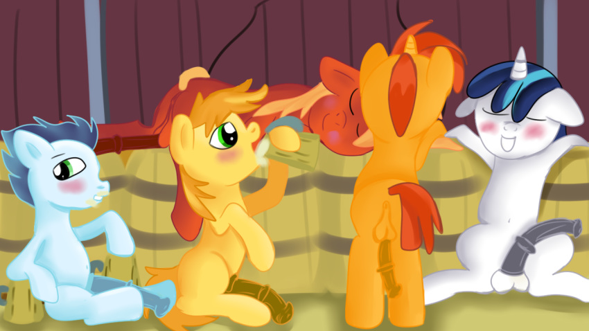 barrel big_macintosh_(mlp) braeburn_(mlp) cider feral friendship_is_magic jbond male_only my_little_pony penis shining_armor_(mlp) soarin_(mlp) sunburst_(mlp) wonderbolts_(mlp) young