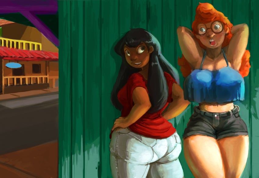 2girls aged_up ass big_ass bimbo black_hair blush breasts busty cleavage clothing cooleyette dark-skinned_female dark_skin dat_ass disney duo female female_only freckles ginger glasses huge_breasts lilo_and_stitch lilo_pelekai mertle_edmonds nerd pantylines prostitution red_hair redhead sidney_anders teenager vaaan van_(artist) vannn voluptuous