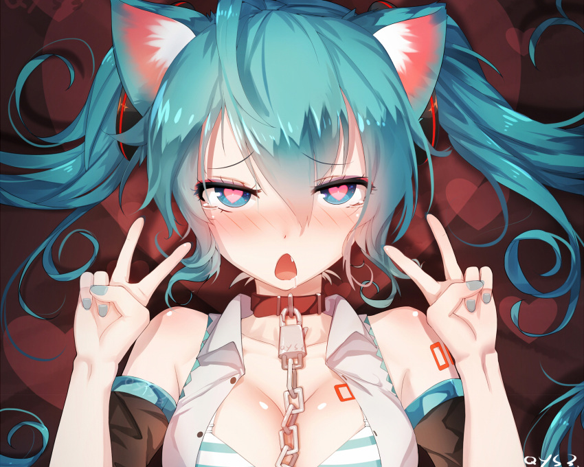 animal_ears aqua_eyes aqua_hair bai_yemeng blush bra breasts cat_ears chains cleavage clothed collar drooling female hatsune_miku heart heart-shaped_pupils highres long_hair open_clothes open_mouth open_shirt padlock saliva shirt tattoo tears tied_hair torogao twintails v vocaloid waifu2x