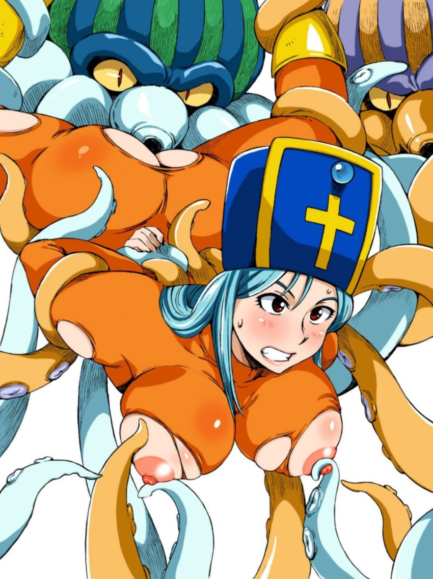 areolae arms_behind_back ass blue_hair blush boots breasts clenched_teeth clothing cunnilingus dragon_quest dragon_quest_iii female hat highres large_breasts legs legs_up licking long_hair looking_away machwing monster nipple_tweak nipples oral priest_(dq3) rape red_eyes restrained reverse_forced_oral simple_background skin_tight sweat tentacle thighs torn_clothes white_background