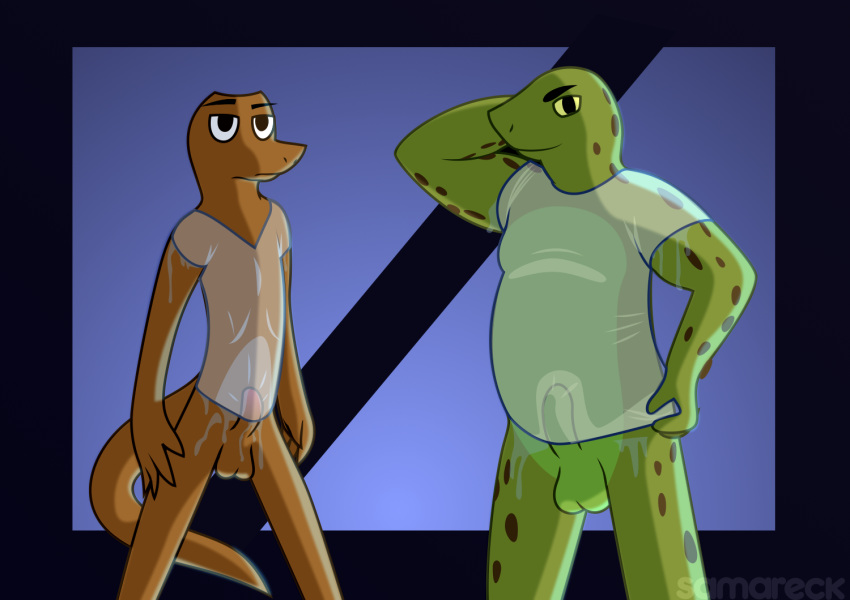 anthro balls brown_skin clothing erection girly male male_only nude overweight penis reptile samareck scalie shirt slightly_chubby t-shirt wet wet_shirt