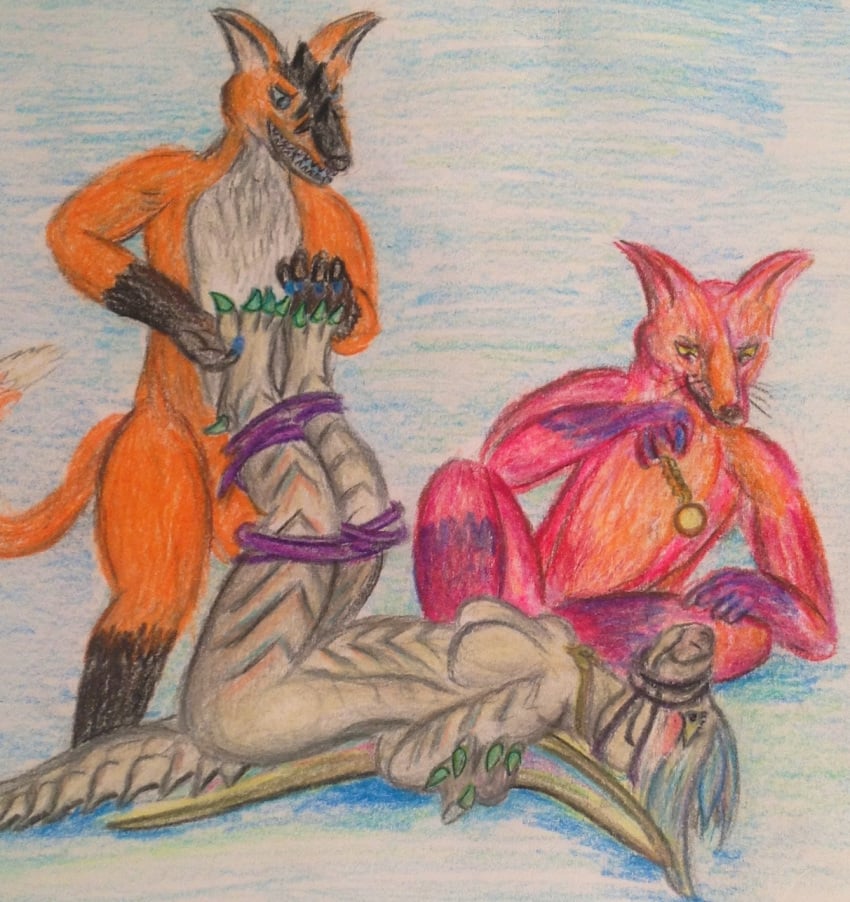 aeveirra anthro bondage bound dragon feet female fox furry gag gagged hypnosis laughing mind_control scalie tickle_fetish tickle_torture tickling traditional_art