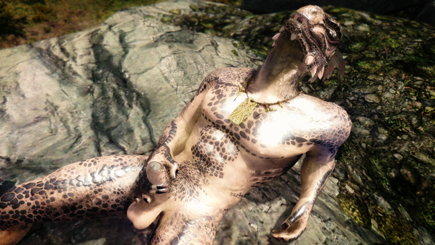 abs anthro argonian balls foreskin hair humanoid_penis jewelry leaning_back lizard male male_only masturbation mmoboys mmoboys_(artist) muscular necklace orgasm_face outside penis reptile scales scalie skyrim solo the_elder_scrolls uncircumcised uncut video_games