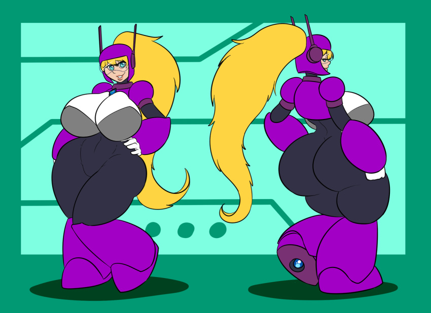 armor ass big_breasts big_butt blonde_hair blue_eyes breasts clothing female footwear hair helmet huge_breasts huge_butt humanoid jazz_(oc) kaboozle machine robot smile