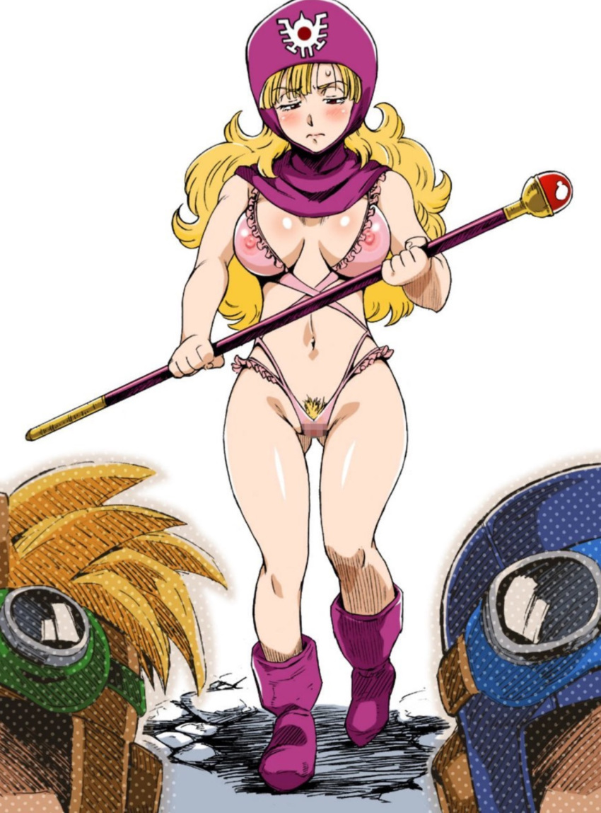 areolae bare_arms blonde_hair blush boots bra breasts censored dragon_quest dragon_quest_ii embarrassed feet female goggles highres holding hood large_breasts legs lingerie long_hair looking_at_viewer machwing medium_breasts mosaic_censoring mound_of_venus navel nipples panties prince_of_lorasia prince_of_samantoria princess_of_moonbrook pubic_hair see-through see-through_bra see-through_panties simple_background sleeveless staff standing thighs white_background