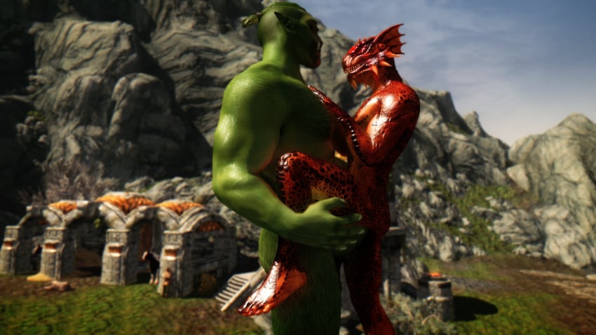 anthro argonian argonian_male biceps body_hair gay green_body hand_on_ass hand_on_chest humanoid larger_male lizard male male/male mastery_position mmoboys mmoboys_(artist) muscular orc orc_male outdoors penis red_body reptile scales scalie sex size_difference skyrim smaller_male sweat the_elder_scrolls tusks yaoi