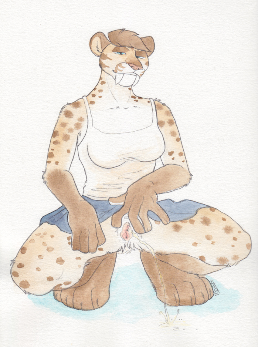 anthro bottomless branath breasts clitoris crouching essa feline female furry heredraptor invalid_tag kaputotter mammal peeing public pussy sabertooth shirt simple_background skirt spots spreading tank_top traditional_media upskirt urine watercolor_(artwork) white_background