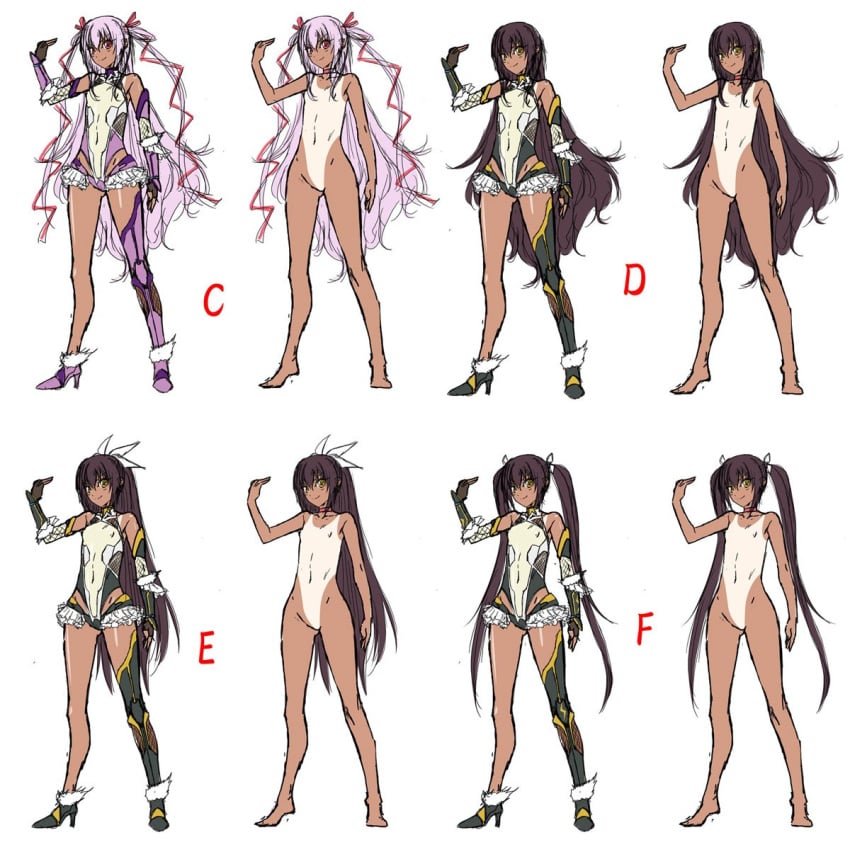 aoi_nagisa_(artist) barefoot blush boots breasts brown_hair character_sheet clothed_navel female full_body gauntlets gloves hair_ribbon leotard long_hair looking_at_viewer mizuki_yukikaze nude nude_female pink_eyes ribbon sketch small_breasts smile solo taimanin_(series) taimanin_yukikaze tan tanline thigh_boots thighhighs white_background