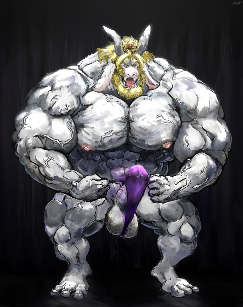 2018 abs anthro aokmaidu asgore_dreemurr balls beard biceps big_balls big_muscles big_penis blonde_hair boss_monster caprine clothing crown facial_hair fangs flexing fur goat hair hyper hyper_muscles male male_only mammal muscular muscular_male open_mouth pecs penis solo speedo swimsuit undertale vein video_games white_fur