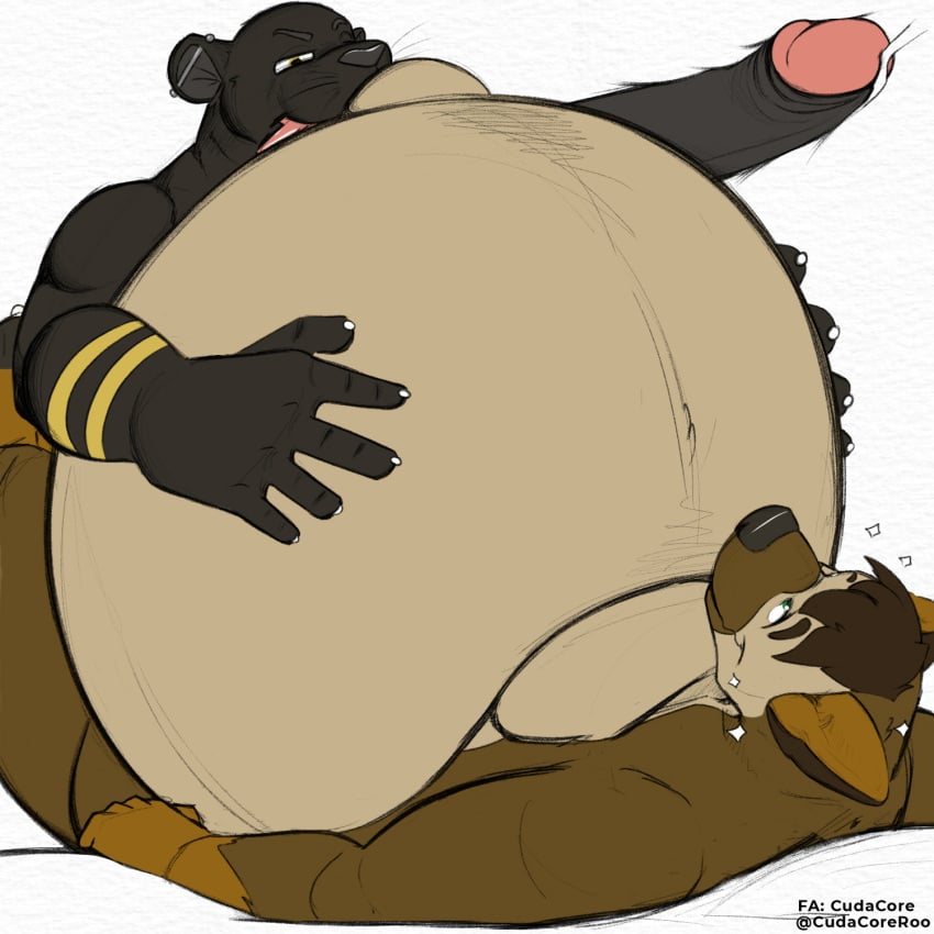 belly_inflation bodily_fluids canid canine canis cudacore cum domestic_dog echo_(character) felid genital_fluids genitals german_shepherd herding_dog hi_res inflation inflation internal leon_(character) male male/male mammal navel outie pantherine pastoral_dog penis