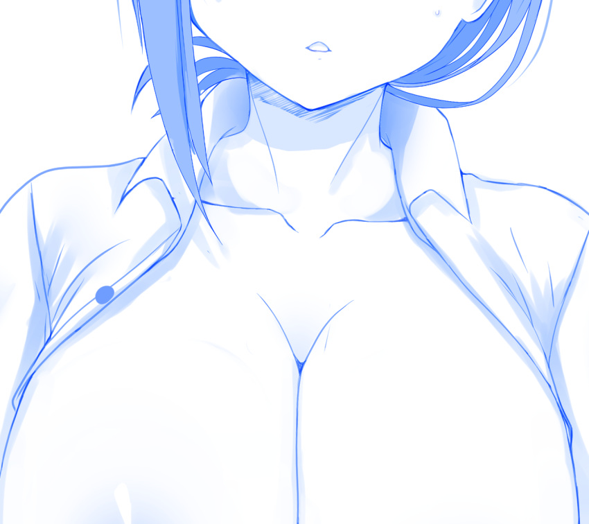 breasts chiyo_goya cleavage female female getsuyoubi_no_tawawa head_out_of_frame huge_breasts kouhai-chan_(himura_kiseki) monochrome nipples no_bra open_clothes open_shirt shirt solo upper_body white_background