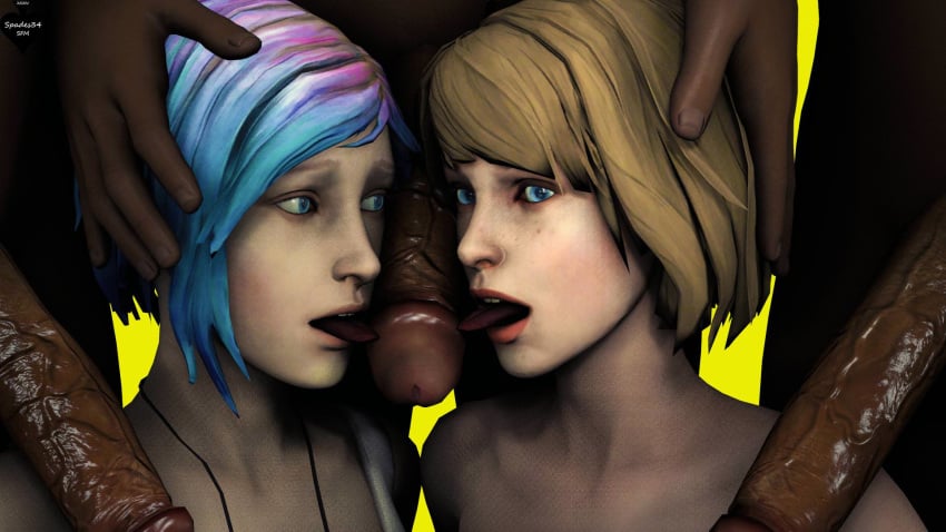 3boys 3d big_penis blonde_hair blue_eyes blue_hair chloe_price collaborative_fellatio dark-skinned_male dark_skin fellatio female hand_on_head interracial life_is_strange male max_caulfield open_mouth source_filmmaker spades34sfm straight teamwork tongue